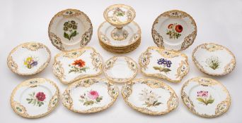 A Minton porcelain botanical part dessert service: of 'Newcastle' shape with moulded basket weave
