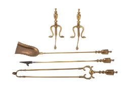 A pair of brass andirons: of traditional design, together with three brass fire implements.