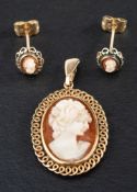 A 9ct gold shell cameo pendant and a pair of associated shell cameo earrings,
