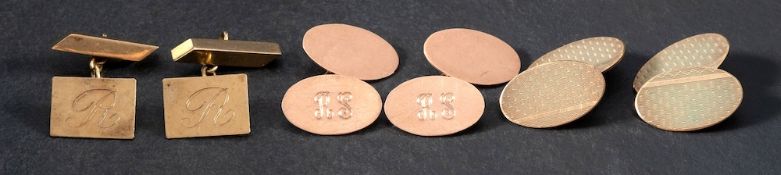 Three pairs of 9ct gold cufflinks,: including an oval pair with engraved initials 'RS',