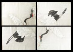 A large Japanese woodblock print in four parts: depicting flying cranes,