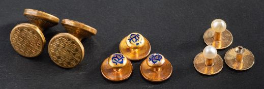 Two sets of dress studs and a pair of cufflinks,: one set with blue enamel monogram 'BC',