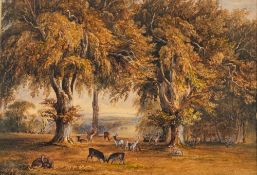 Circle of William Bennett [1811-1871]- Deer in Parkland,:- watercolour, 34 x 47cm.