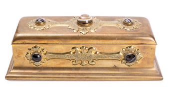 A Victorian brass and banded agate mounted jewellery box: of rectangular outline,