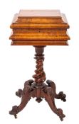 A Victorian walnut teapoy, circa 1860,: the sarcophagus top with cavetto,