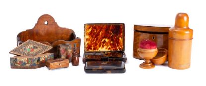 A 19th century treen oval tea caddy: a hanging salt box, tortoiseshell vanity box,