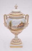 A Royal Worcester porcelain two handled vase and cover: of pedestal form the handles with female