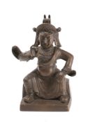 A Chinese bronze deity figure of Guan Yu: seated wearing armour and robes,