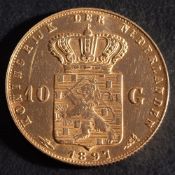 1897 The Netherlands 10 Gulden gold coin:, minted during the reign of Queen Wilhelmina, in Utrecht,