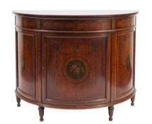 An Edwardian mahogany and painted demi-lune side cabinet, in George III Sheraton taste,