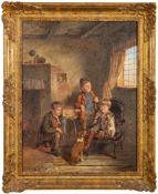 Frederick George Pasmore [late 19th Century]- Boys and their pet dogs in a cottage interior,