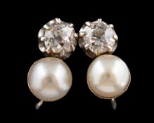 A pair of silver gilt, old-cut diamond and cultured pearl earrings,