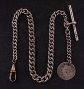 A silver Albert pocket watch chain: curb link marked for silver, with silver bar,
