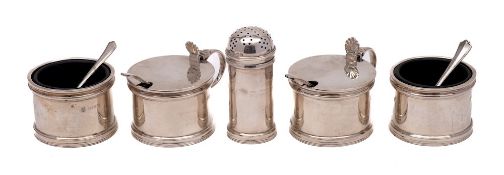 An Edward VIII silver five-piece condiment set, maker Barker Brothers Silver Ltd, Birmingham,
