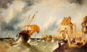 William Callcott Knell [1830-1880]- French trawler caught in a swell on a harbour wall,