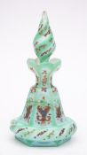 A pale green and white overlay table scent bottle and stopper: of bell shaped form with raised