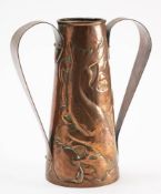A Newlyn copper vase: of cylindrical tapering form,