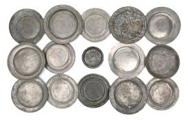 A collection of 18th century and later pewter plates and bowls: includes continental examples,