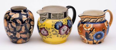 Two Wood & Sons Bursley Ware jugs, a vase and dish: one jug tube lined in pattern 194, 15cm high,