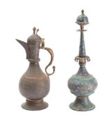 A Persian enamel rosewater ewer: of globular form with spire finial,