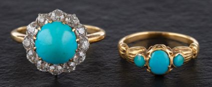 Two turquoise rings,: a turquoise and old-cut diamond cluster ring,