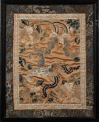 A Chinese silk embroidered panel: depicting a Ho-ho bird rising through clouds accompanied by bats,