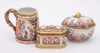 Three pieces of Naples porcelain: each with raised classical decoration of bacchanalian and merry