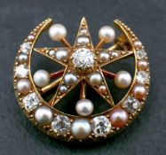 A Victorian, 15ct gold, old and single-cut diamond, mabe and seed pearl, star and crescent brooch,