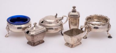 A mixed collection of silver wares, various makers and dates: includes cauldron salts, mustard pot,