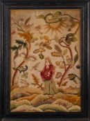 A 19th century crewel work picture: depicting a young women walking in a garden with a bird on her