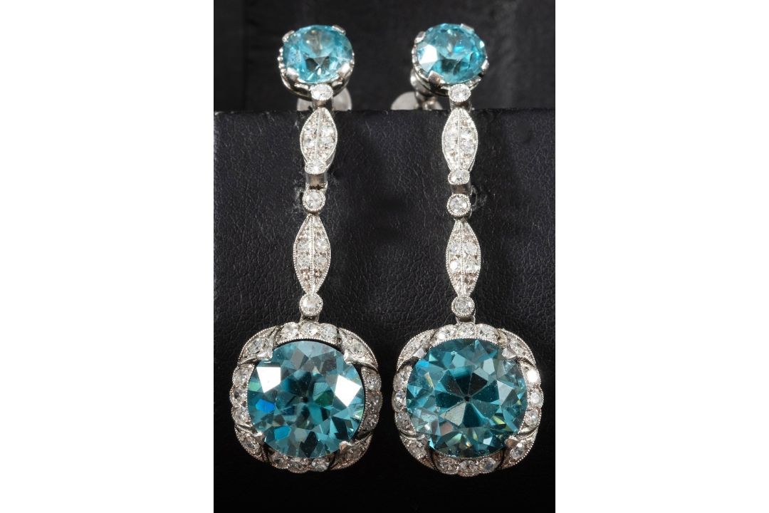 A pair of early 20th century, blue zircon and single-cut diamond drop earrings,