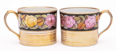 A pair of English porcelain porter mugs: of cylinder form,