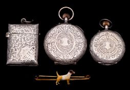 A gilt metal and enamel bar brooch decorated with a dog: two French silver cased pocket watches and