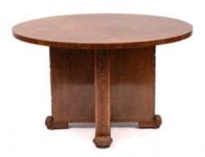A burr walnut and walnut circular dining table, circa 1930,