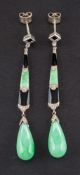 A pair of silver, Art Deco, rose-cut diamond, onyx and jade drop earrings,: length ca. 6.