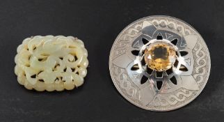 Two brooches,: a Scottish, silver citrine, brooch, estimated citrine weight ca.
