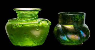 A Loetz Crete green Rusticana genre vase and one other: the former of squat form with short flaring