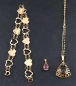 Two pendants and a bracelet,: a 9ct gold bracelet of heart-shaped links, with hallmarks for London,