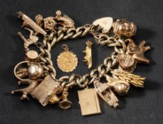 A 9ct gold curb-link, charm bracelet with charms,: the heart-shaped clasp with hallmarks for London,