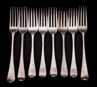 A set of four George IV silver table forks, maker's mark worn, London, 1824: initialled,