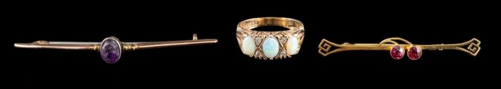 A 9 carat gold opal and diamond ring,