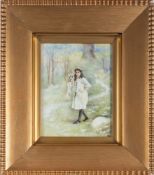 An English porcelain plaque: of rectangular form painted with a young shepherdess in a wooded