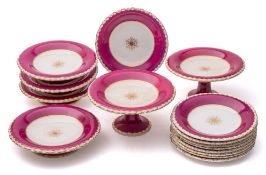 A Staffordshire pottery part dessert service: comprising two tall and four short comports and nine