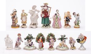 A mixed lot of Continental hard paste porcelain figures: including two pairs of bocage figures in