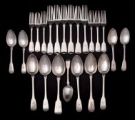 A matched silver Fiddle pattern part flatware service, various makers and dates: crested,