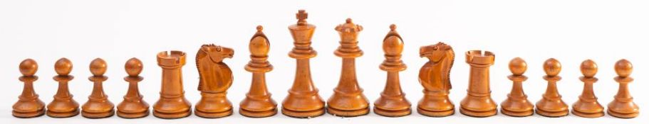 A Staunton pattern boxwood and ebonised chess set: the king, 9cm high, the pawn 4.5cm high.