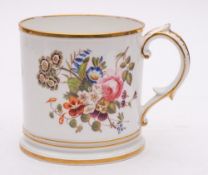 A Staffordshire porcelain 'presentation' mug: of cylindrical form with foliate moulded scroll