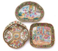 A group of three Chinese Canton famille rose/verte shaped dishes: each enamelled with numerous