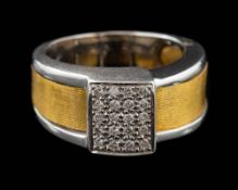 A Portuguese gold diamond ring,: the central rectangular panel set with brilliant cut diamonds,