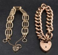 Two bracelets,: a curb-link bracelet with engraved foliate decoration, stamped '9C', length ca. 18.